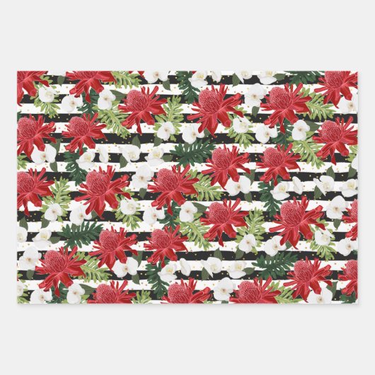 Rote weiße Blume auf Schwarz-weißen Streifen Punkt Geschenkpapier Set (Vorderseite 3)