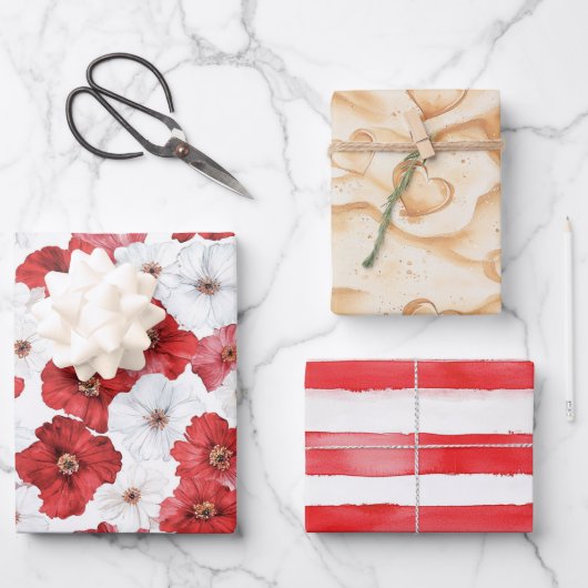 Rote weiße Blume Herz Brautparty Geschenkpapier Set (Vorderseite)