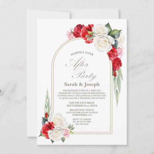 Rote Weiße Blumenarche Hochzeit nach dem Party Einladung (Vorderseite)