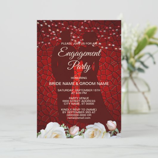 Rote weiße Blüte Moderne Elegant der Engagement Pa Einladung (Stehend Vorderseite)