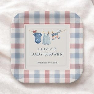 Rote Weiße Due Gingham-Baby-Shower-Party Pappteller