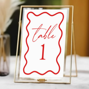 Rote Weiße Elegante Wellenförmige Rand Hochzeit Tischnummer