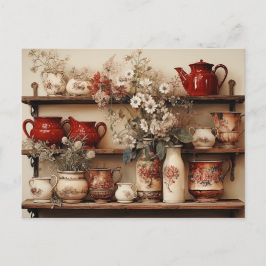 Rote weiße Geschirr Kaffeepapfel Creamer Zucker Mi Postkarte (Vorderseite)