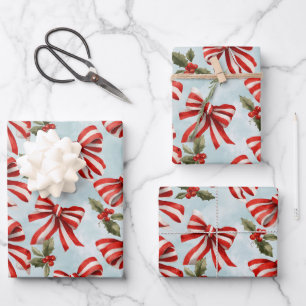 Rote Weiße Gestreifte Schleifen Weihnachten Stechp Geschenkpapier Set