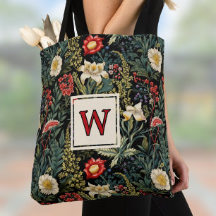 Rote Weiße Grüne Lilien Dahlien Florales Monogramm Tasche