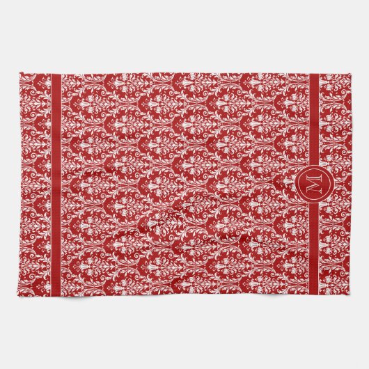 Rote, weiße Monogramm-Wirbel Geschirrtuch (Horizontal)