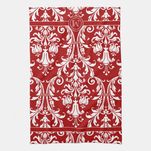 Rote, weiße Monogramm-Wirbel Geschirrtuch (Vertikal)