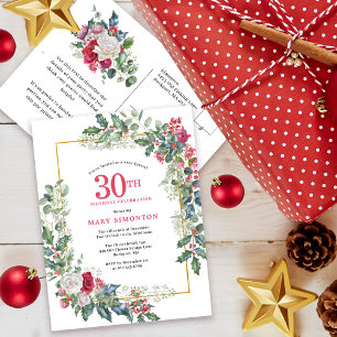 Rote Weiße Rose Floral Holly 30. Einladung Postkarte