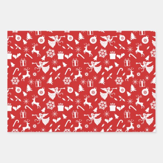 Rote weiße Schneeflocken Rentierfische Weihnachten Geschenkpapier Set (Vorderseite 3)