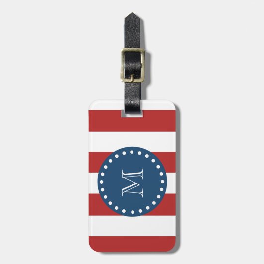 Rote weiße Streifen Muster, Marine-Blau-Monogramm Gepäckanhänger (Vorderseite vertikal)