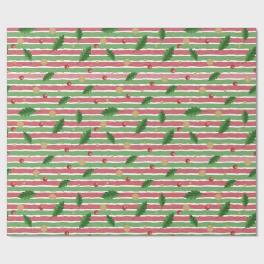 ROTE WEISSE STREIFEN UND MISTLETOE-BLÄTTER GESCHENKPAPIER (Flach)