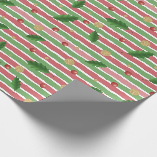 ROTE WEISSE STREIFEN UND MISTLETOE-BLÄTTER GESCHENKPAPIER (Ecke)