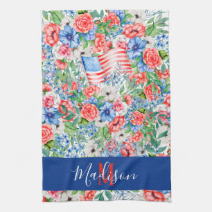 Rote Weiße Und Blaue Blumen Monogramm 4. Juli Geschirrtuch