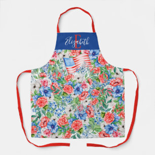 Rote Weiße Und Blaue Blumen Monogramm 4. Juli Schürze
