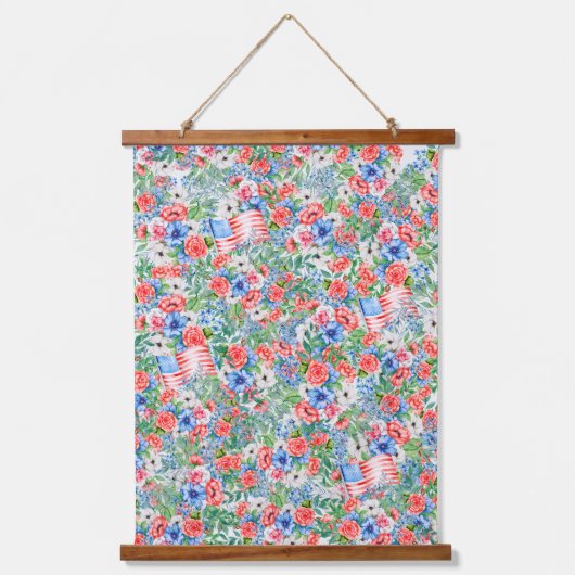 Rote weiße und blaue Blumen Patriotisch 4. Juli Wandteppich Mit Holzrahmen (Vorderseite)