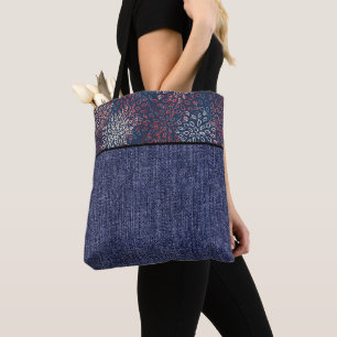 Rote, weiße und blaue Blumen und Jeans Tasche