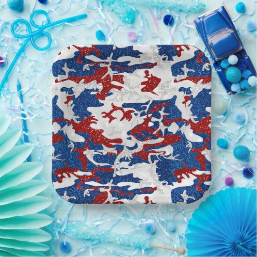 Rote, weiße und blaue Camouflage 4. Juli Glitzer P Pappteller (Party)