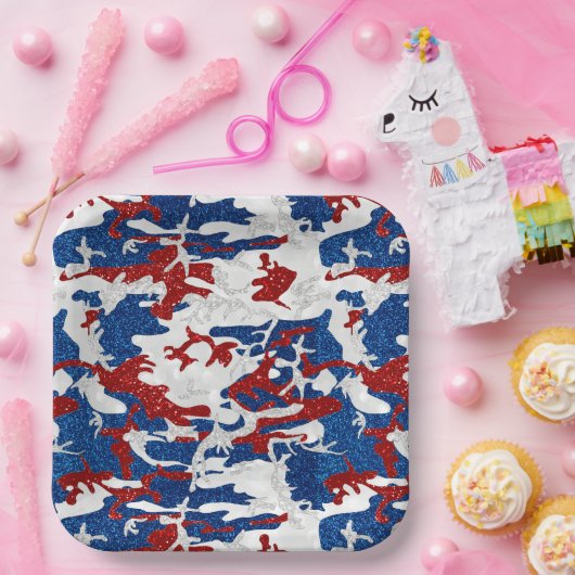 Rote, weiße und blaue Camouflage 4. Juli Glitzer P Pappteller (Party)