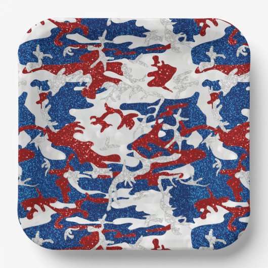 Rote, weiße und blaue Camouflage 4. Juli Glitzer P Pappteller (Vorderseite)