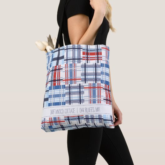 Rote, weiße und blaue Madras Tote-Tasche mit Text Tasche (Von Nahem)