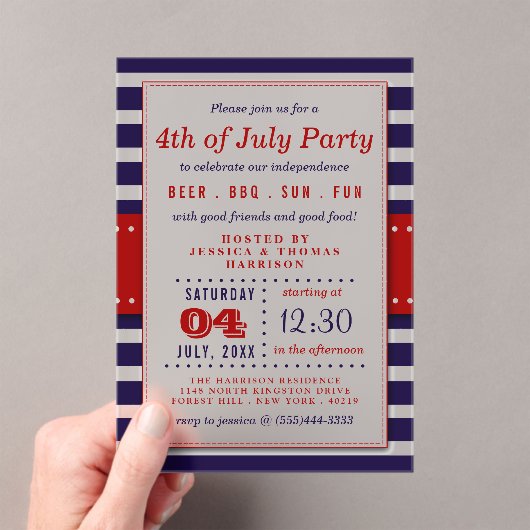 Rote, weiße und blaue Streifen 4. Juli Party Acryleinladungen (Insitu (Handheld))
