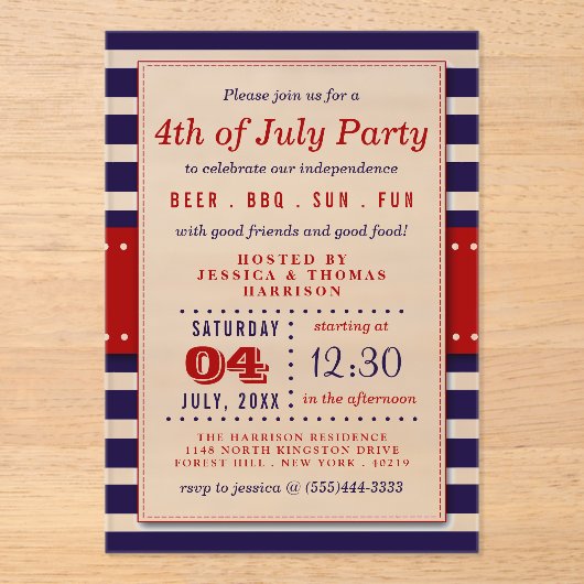 Rote, weiße und blaue Streifen 4. Juli Party Acryleinladungen (Vorderseite)