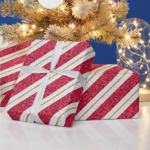 Rote, weiße und goldene diagonale Streifen-Feierta Geschenkpapier