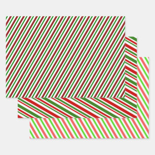 Rote, weiße und grüne Weihnachtsmarken/Linien Geschenkpapier Set
