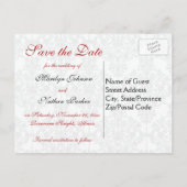 Rote, weiße und schwarze Save the Date Postkarte (Rückseite)