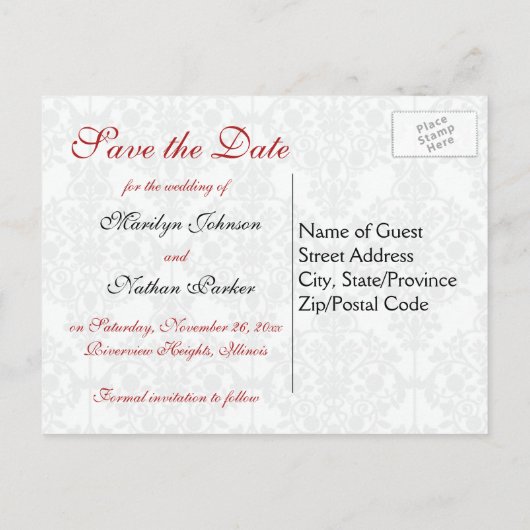 Rote, weiße und schwarze Save the Date Postkarte (Rückseite)