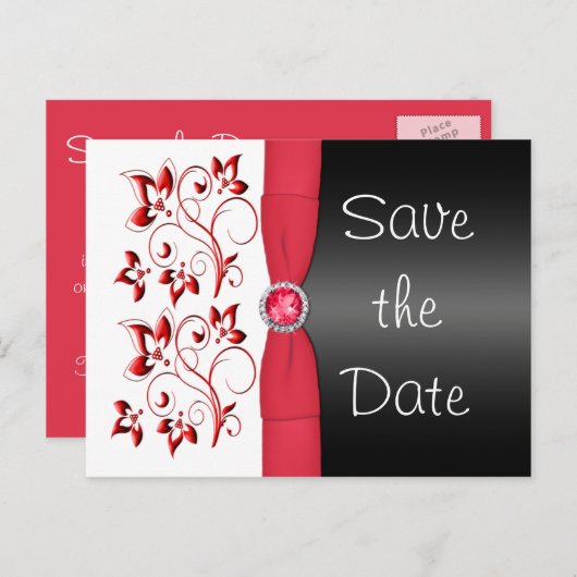 Rote, weiße und schwarze Save the Date Postkarte (Vorne/Hinten)