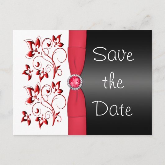 Rote, weiße und schwarze Save the Date Postkarte (Vorderseite)