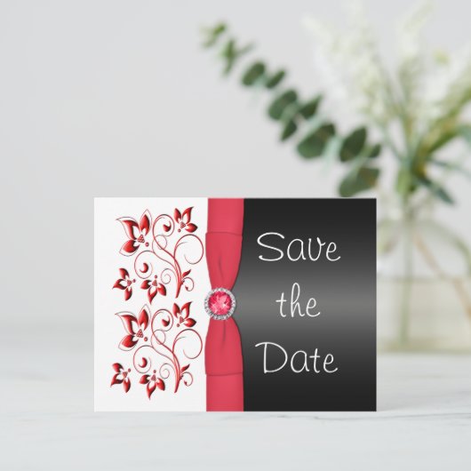 Rote, weiße und schwarze Save the Date Postkarte (Stehend Vorderseite)