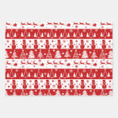 Rote, weiße Urlaubsbäume, Schlitten und Snowmen Geschenkpapier Set (Vorderseite)