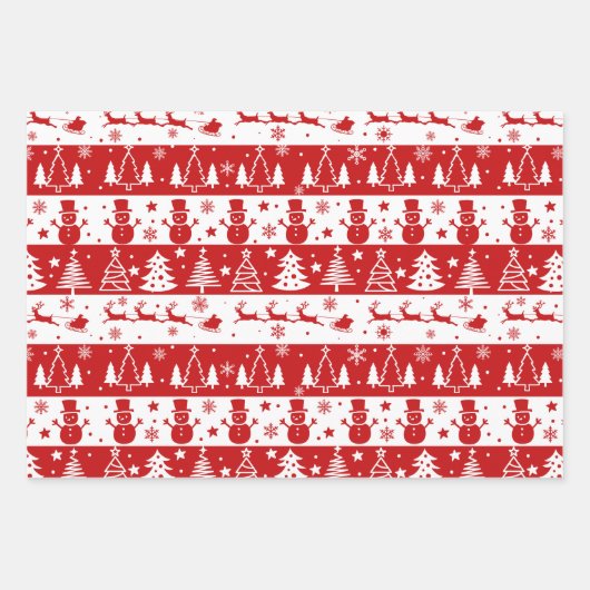 Rote, weiße Urlaubsbäume, Schlitten und Snowmen Geschenkpapier Set (Vorderseite)