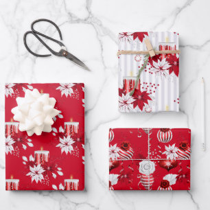 Rote weiße Weihnachtskerzen Ornamente Rose Urlaub Geschenkpapier Set