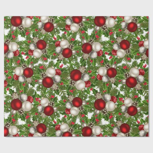 Rote weiße Weihnachtsschmuck Weihnachten Holly Geschenkpapier (Flach)