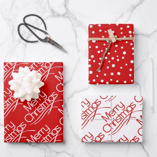 Rote, weiße Weihnachtstypografie und Weihnachtsfer Geschenkpapier Set (Vorderseite)