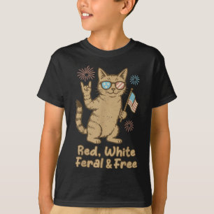 Rote Weiße Wilde und Freie Katze Lustiger Vierter T-Shirt