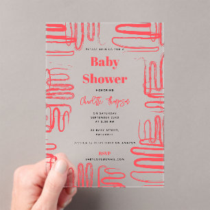 Rote wellige Kritzel-Abstrakt Baby Shower Acryleinladungen