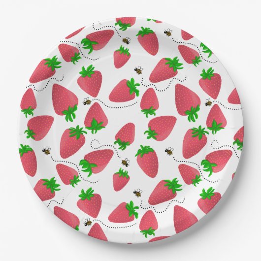 Rote Whimsical Erdbeeren Trailing Bienen Pappteller (Vorderseite)