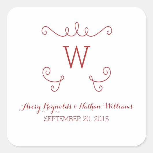 Rote Whimsical-Geblüht Monogramm-Hochzeitskleber Quadratischer Aufkleber (Vorderseite)