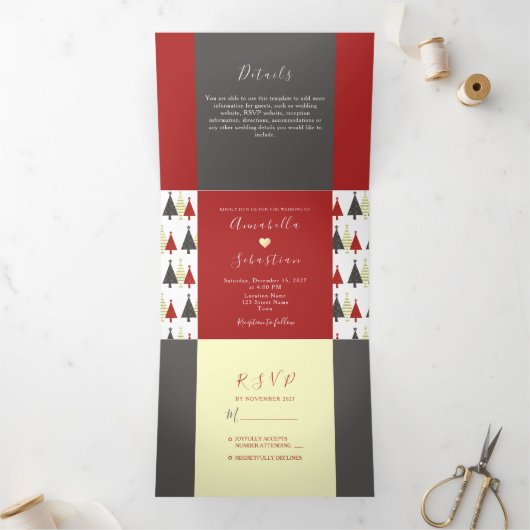 Rote Winterhochzeit Tri-Fold-Einladung Dreifach Gefaltete Einladung (Innenseite)