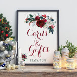 Rote Winterponies Bouquet-Karten und Hochzeitszeic Poster<br><div class="desc">Karten und Geschenke Hochzeitsschild mit floralfarbenem Aquarellbouquet in trendigen winterroten bzw. weißen Rose mit piniengrünen,  saisonalen Tannenzweigen,  roten Beeren und Blattwerk. Ideal für einen eleganten Winter / Weihnachten Blumenhochzeit.</div>