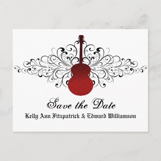 Rote Wirbel Gitarre Save the Date Postkarte (Vorderseite)