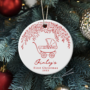 Rote wunderliche Kinderwagen-Babys erstes Weihnach Keramik Ornament
