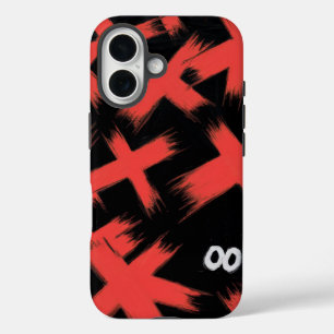 "Rote Xs auf Schwarz mit verborgenen Augen" iPhone 16 Hülle
