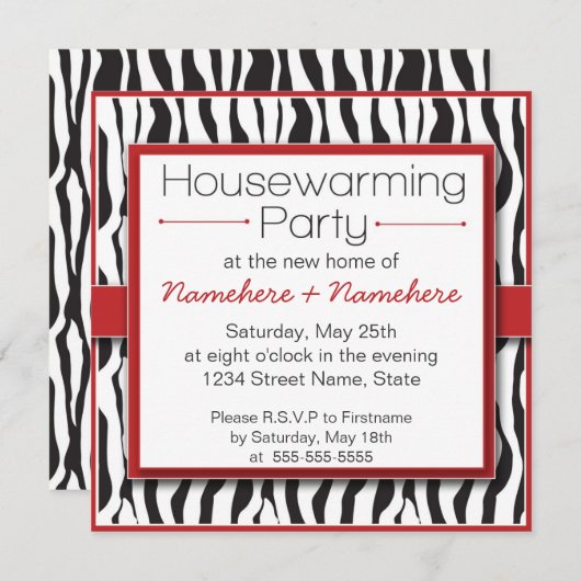 Rote Zebra Print Housewarming Party Einladungen (Vorne/Hinten)
