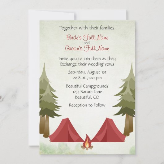 Rote Zelte und Campfire Woodland Camping Hochzeit Einladung (Rückseite)