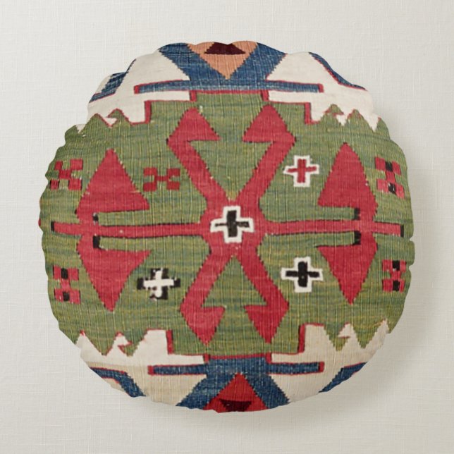 Rote Ziermotive Farbenfrohe Blaue Blume Rundes Kissen (Vorderseite)